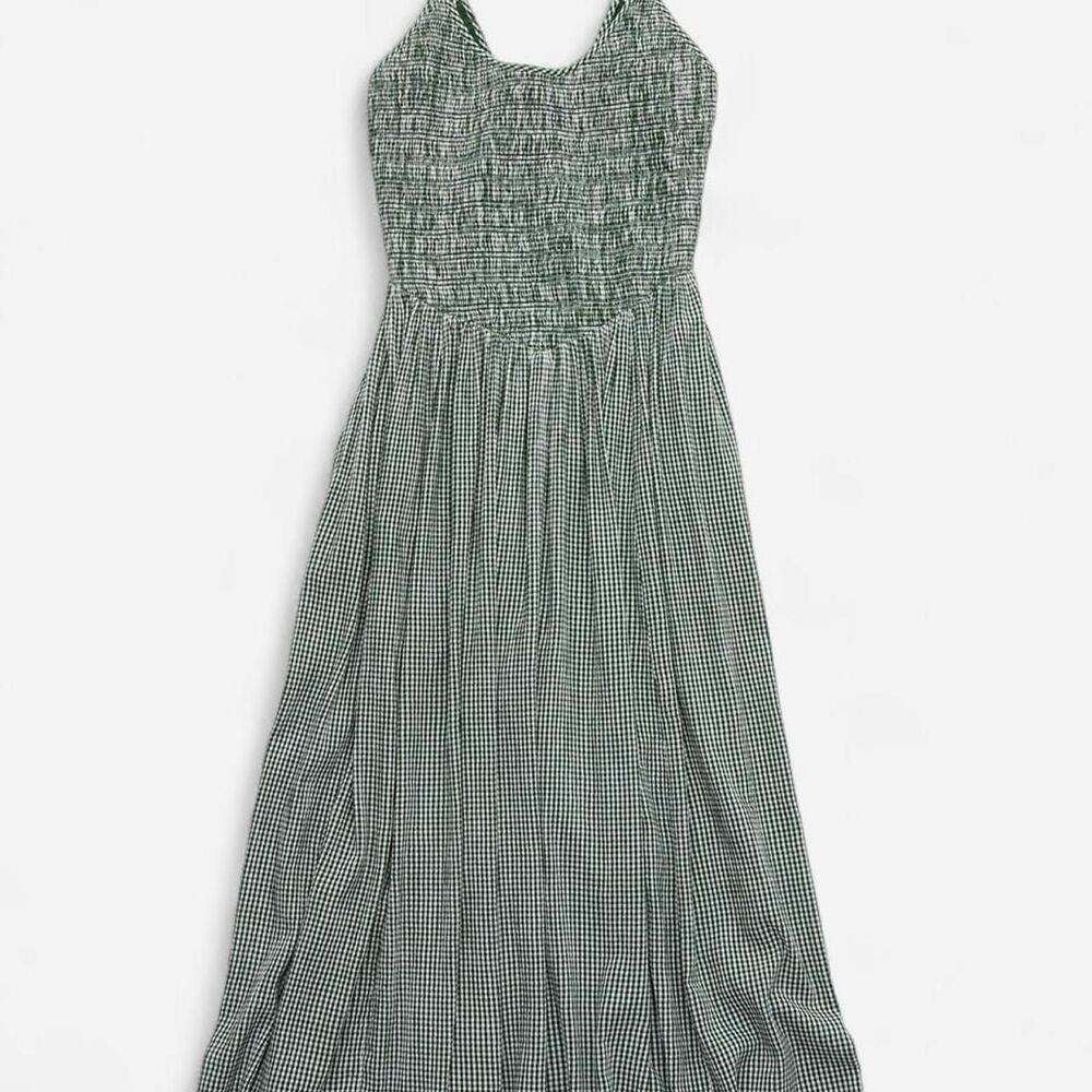 Aerie Green Gingham Smocked Midi Dress Cottagecore Fall Size L